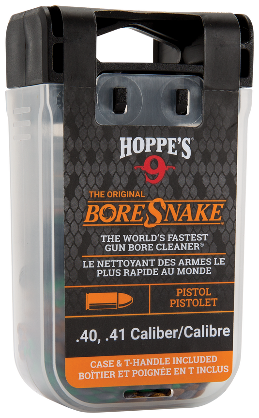 The Boresnake® Den Pistol comes in a clear plastic case with an orange and black design, labeled for .40, .41 caliber pistols. Includes the world's fastest bore cleaning tool, T-handle, and case.