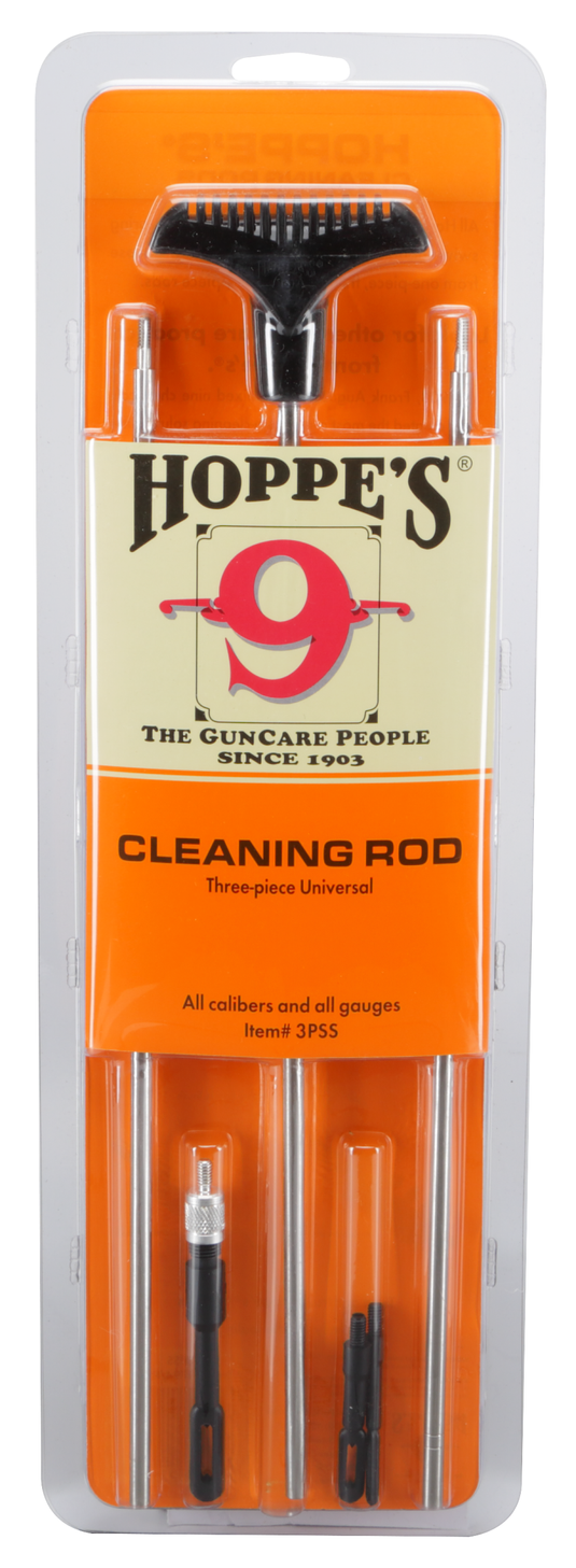 Hoppe's gun cleaning rod set packaging with orange and white design.