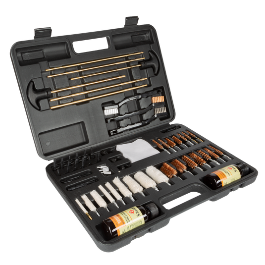 Open black case showing the Hoppe's Deluxe Universal Gun Cleaning Kit with brushes, rods, cloths, and 