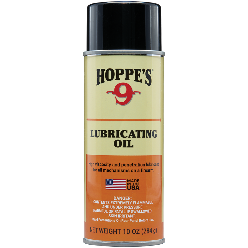 Load image into Gallery viewer, A can of Hoppe's Lubricating Oil for firearms, featuring safety warnings and a Made in the USA label on the front.
