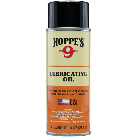 A can of Hoppe's Lubricating Oil for firearms, featuring safety warnings and a Made in the USA label on the front.