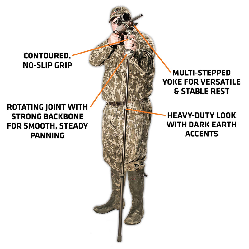 Load image into Gallery viewer, A camouflaged person holds a Primos Gen3 Tall Monopod Trigger Stick, showing labeled grip, yoke, joint, and durable build.
