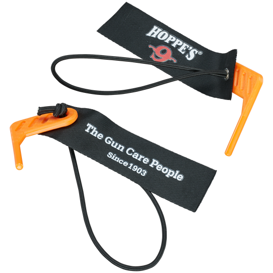 Two chamber flags with orange ends and black straps featuring Hoppes branding on a white background.