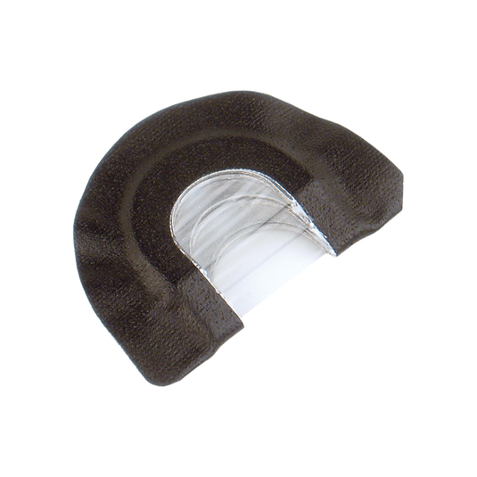 The Primos True Triple Turkey Call is a black and clear curved plastic call, shaped like an open triple reed.