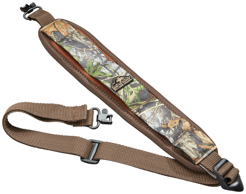 Load image into Gallery viewer, Butler Creek Comfort Stretch Firearm Sling with swivel—camo design, tan strap, and brown trim.
