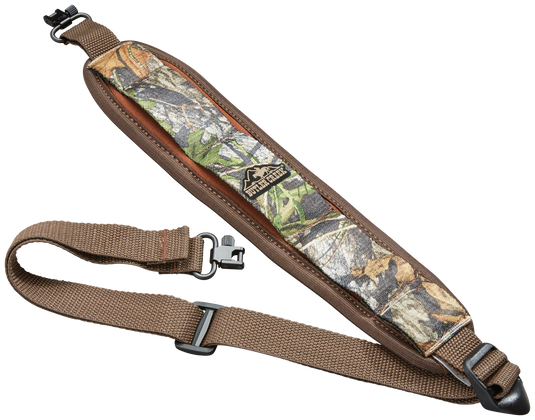 Butler Creek Comfort Stretch Firearm Sling with swivel—camo design, tan strap, and brown trim.