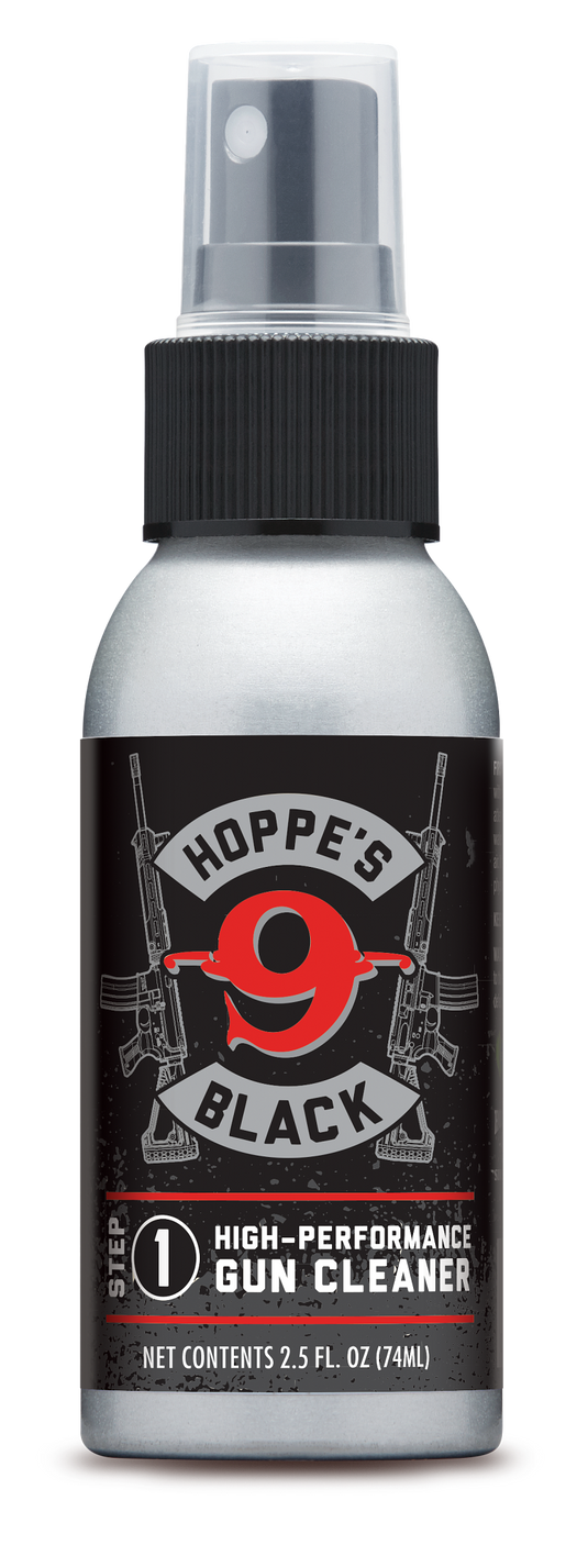 Hoppe's Black high-performance gun cleaner 2.5 oz bottle on a white background