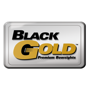 Black Gold Premium Bowsights logo with bold black and gold text on a silver rectangular background.