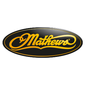 Mathews logo in yellow script on a black oval background.