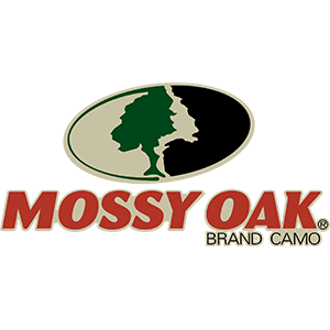 Mossy Oak logo with a tree silhouette inside an oval and MOSSY OAK BRAND CAMO in bold red and black text.