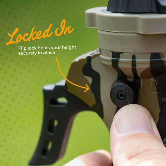Close-up of a product being held by a person's fingers, with overlaid text reading 'Locked In' and an arrow pointing to a black height-locking screw on a tan and black camo item. The background is bright green with dotted pattern.