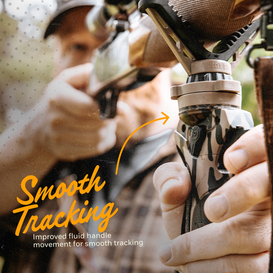 Close-up of a bowfishing rod handle with a camouflage pattern and a visible 'FISH' brand mark, held by a person outdoors. The image includes text overlays reading 'Smooth Tracking' and 'Improved fluid handle movement for smooth tracking'.
