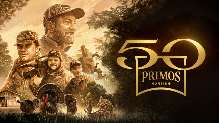 Hunting-themed advertisement with four men in hunting gear and the Primos Hunting logo.