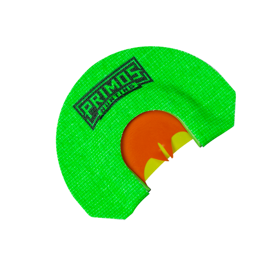 A Primos The Lucy Hen House Series green turkey mouth call with orange and yellow 3 reed bat cut reeds on white background.