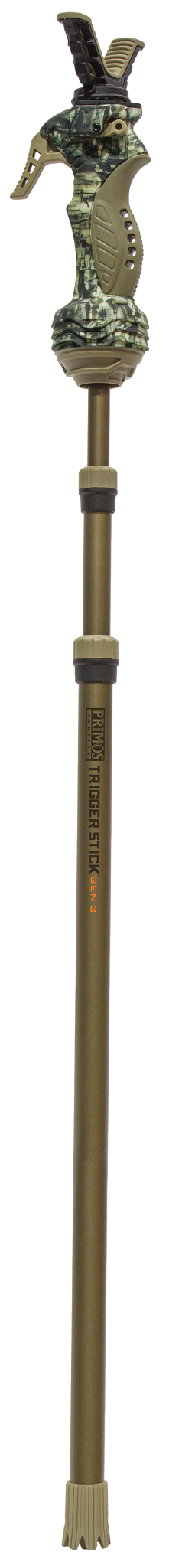 Load image into Gallery viewer, The Primos Gen3 Tall Monopod Trigger Stick has a camo pattern, eagle handle, bronze shaft, and quick detach yoke.
