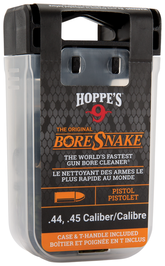 A clear plastic case of the Boresnake® Den Pistol for .44/.45 caliber pistols, with black and orange English and French labeling—ideal for easy firearm cleaning.