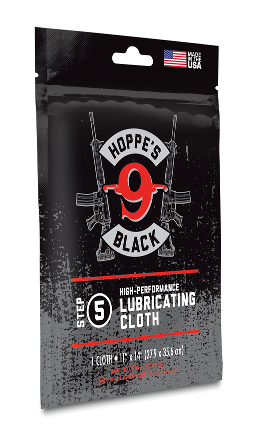 Hoppe's Black high-performance lubricating cloth packaging on a white background
