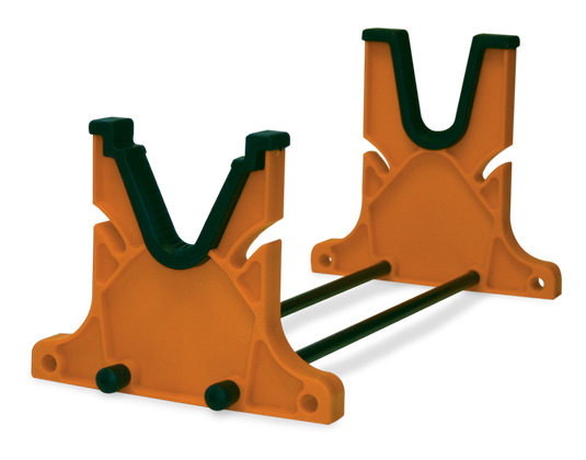 Two orange and green metal stands on a white background