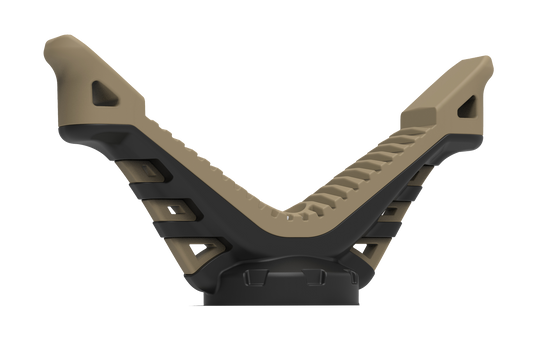 The Primos GEN 3 Crossbow V-Yoke features a tan and black ribbed rest with textured sides, shown from the front.