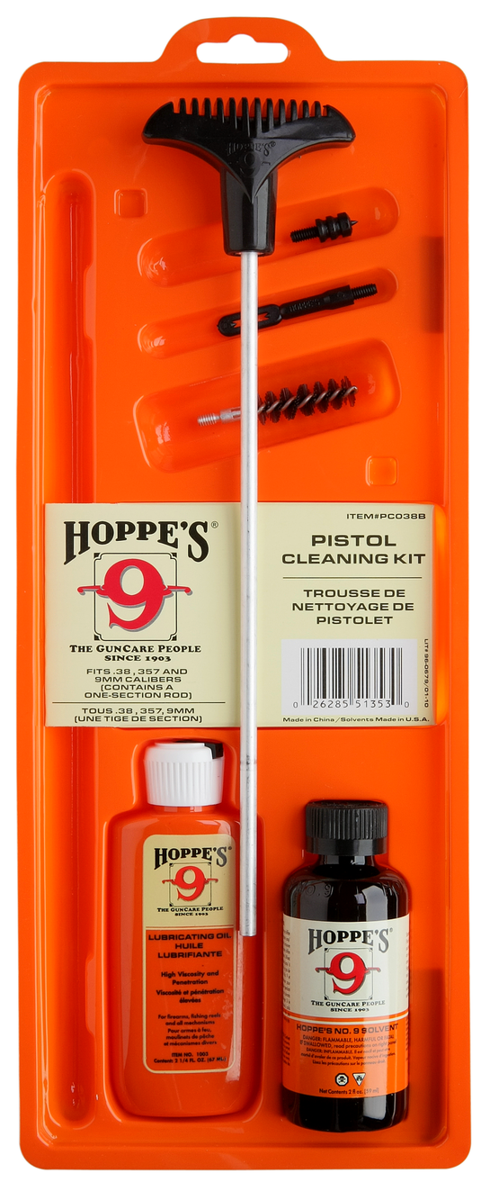 Hoppe's Pistol Cleaning Kit with Storage Box includes brushes, rods, bore cleaner, solvent, and lubricating oil.