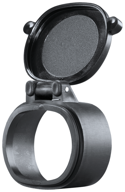 Butler Creek Flip-Open™ Scope Cover for objective lens features a hinged lid and circular opening.