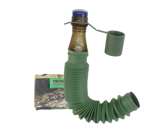 The Primos Bull Horn™ Elk Call is a flexible green call with camo cloth and cap, shown on a white background.