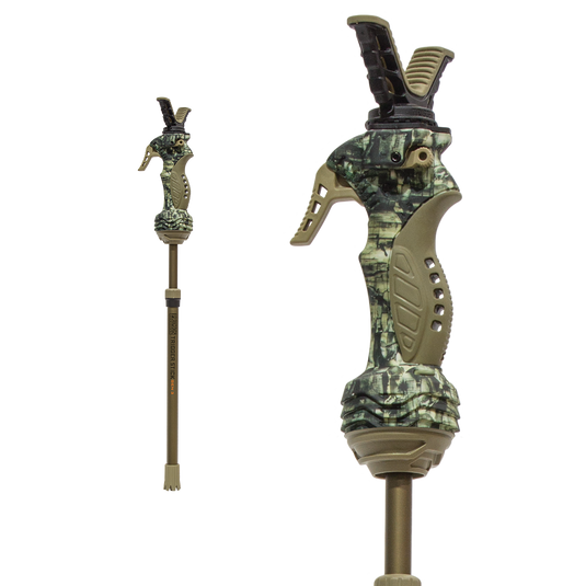 A close-up of a Primos Gen3 Short Monopod Trigger Stick.