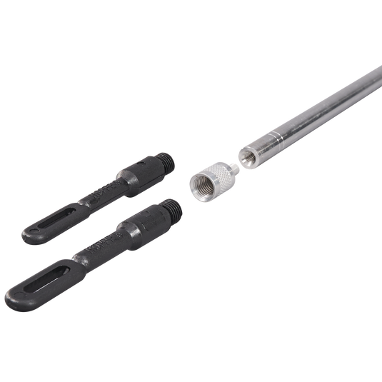 Hoppe's 3-piece shotgun cleaning rod looks like two black threaded grips and a metal extension on a white background