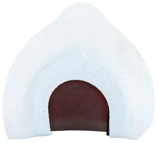 The Primos Sonic Dome® Single Elk Call is a semicircular brown call, partly covered by textured white material, open at the bottom.