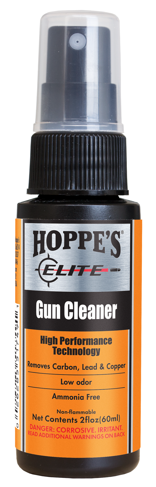 A bottle of Hoppe’s Elite Gun Cleaner for firearm maintenance with an orange label and black spray cap.