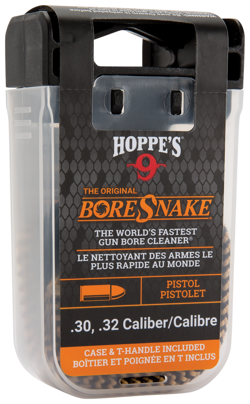 Load image into Gallery viewer, The Boresnake® Den Pistol comes in a plastic case with a T-handle for .30/.32 caliber pistols. Its black and orange label promotes it as the world’s fastest firearm cleaning solution.
