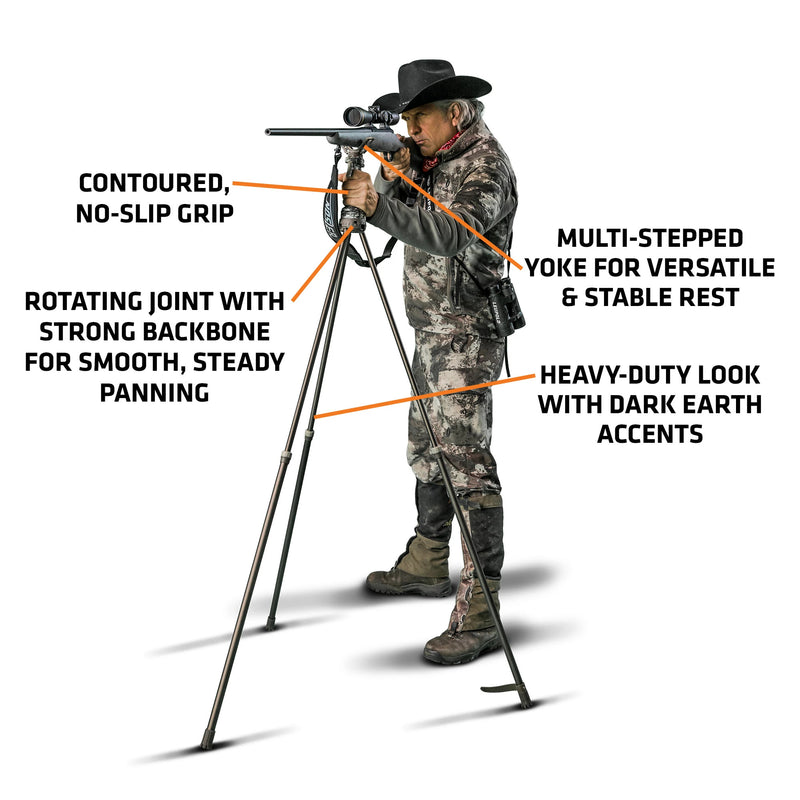 Load image into Gallery viewer, A hunter uses the Primos Gen3 Tall Tripod Shooting Stick; labels show grip, Quick Detach Yoke System, and stability.
