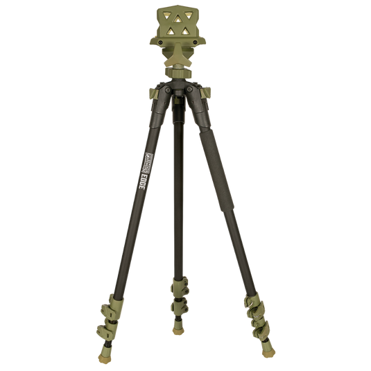 Primos Edge Aluminum Tripod Shooting Stick features an adjustable gun clamp, angular head, and three legs.