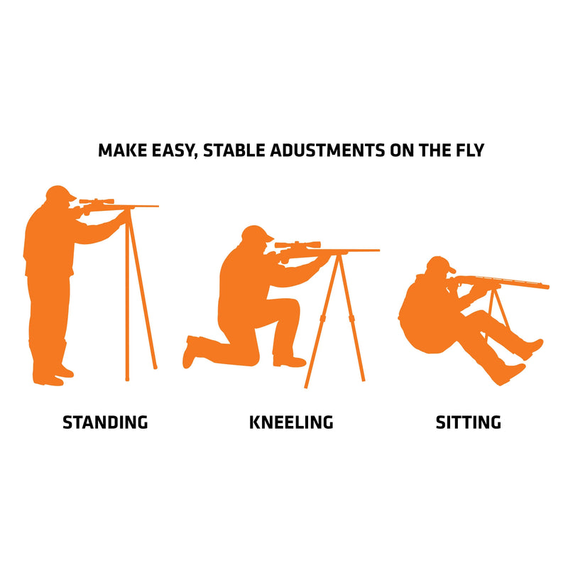 Load image into Gallery viewer, Three orange silhouettes use a Primos Gen3 Tall Bipod Trigger Stick, showing steady adjustments in every shooting position.

