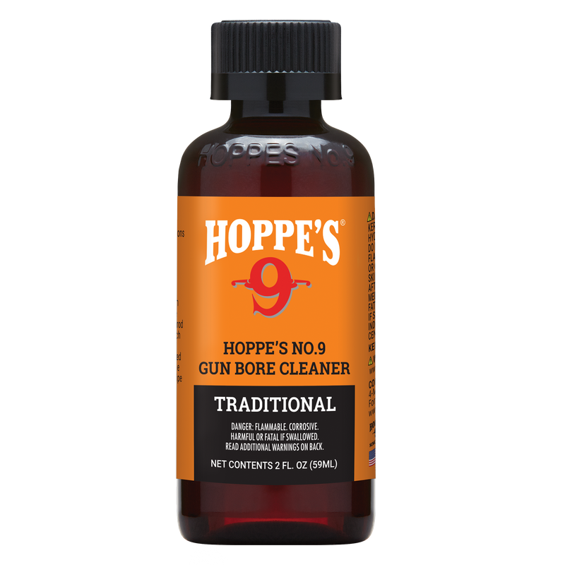 Load image into Gallery viewer, A 2 fl. oz. Hoppe's No. 9 Gun Bore Cleaner for firearms, with orange label and black cap.
