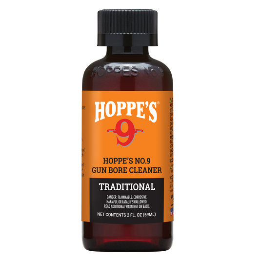 A 2 fl. oz. Hoppe's No. 9 Gun Bore Cleaner for firearms, with orange label and black cap.