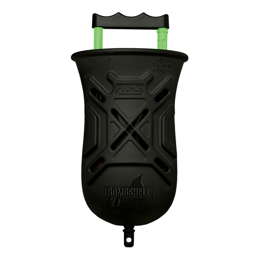 The Primos Bombshell Turkey Call, with a green handle and embossed front, is ideal for turkey hunters.