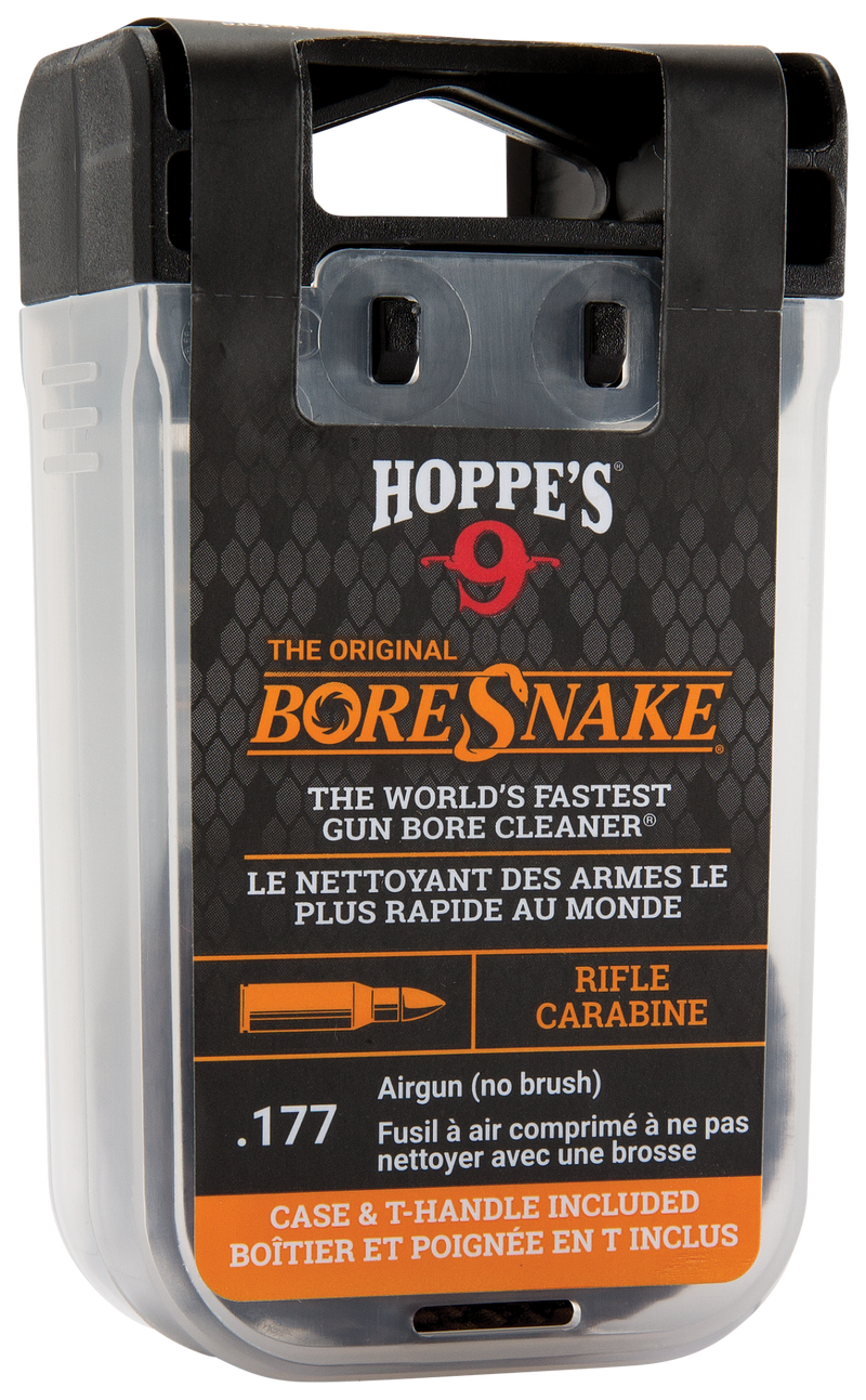 Load image into Gallery viewer, Clear plastic case of Hoppe's Boresnake® bore cleaner for .177 rifles, with English and French labeling.
