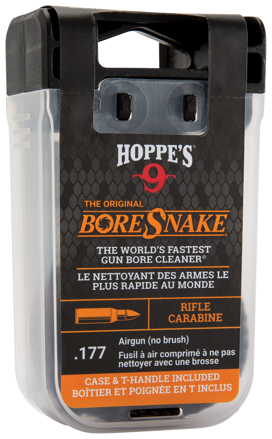 Clear plastic case of Hoppe's Boresnake® bore cleaner for .177 rifles, with English and French labeling.