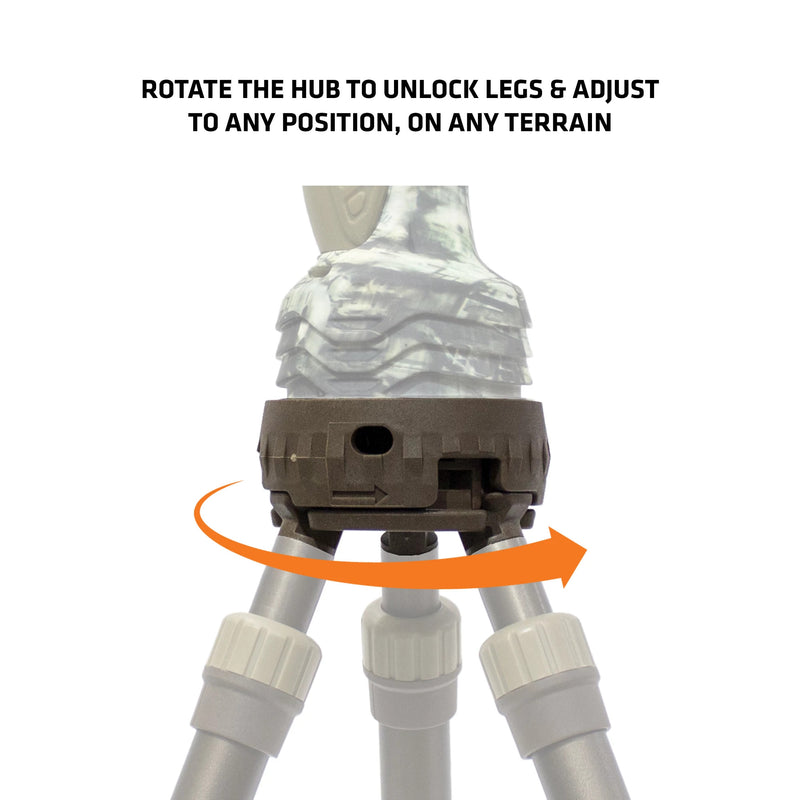 Load image into Gallery viewer, Close-up of the Primos Gen3 Tall Tripod Shooting Stick hub shows arrow for rotating and adjusting legs to any terrain.
