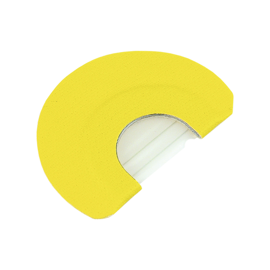 A yellow handheld safety cutter with a curved blade, inspired by the Primos Cuttin' Hen Turkey Call.