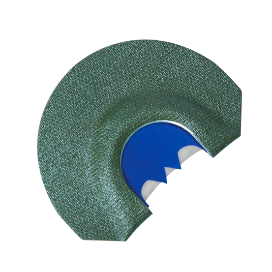 Close-up of Primos Select Turkey Mouth Call Pak, a round green call with blue center and jagged edge on white background.