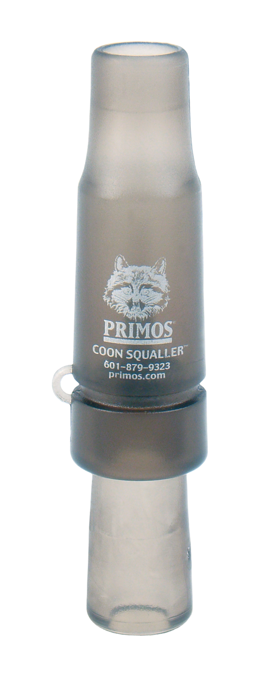 A clear plastic Primos Coon Squaller raccoon call features a graphic and product text on its side.