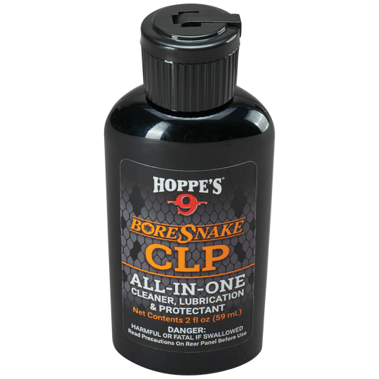 A 2 fl oz black bottle of Hoppe's BoreSnake® Oil CLP gun cleaner, lubricant, and protectant all-in-one formula.