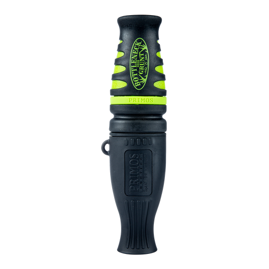 The Primos Bottleneck Deer Grunt Call is black and green with a ribbed grip and logo, ideal for attracting deer.