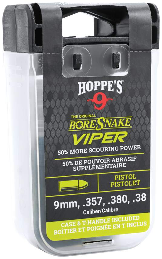 Hoppe's Boresnake® Viper with Den Pistol: clear case, built-in brushes for 9mm, .357, .380 & .38 pistols.