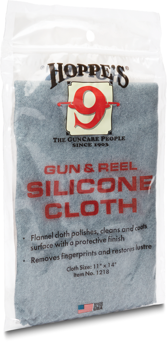 Hoppes 9 gun and reel silicone cloth packaging with branding and product details.