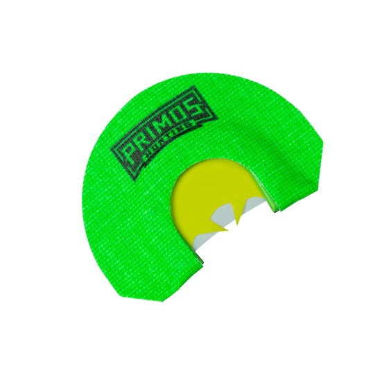 Primos The Veronica Hen House Series turkey mouth call, bright green frame, 3 reed latex Spur Cut, yellow reeds.