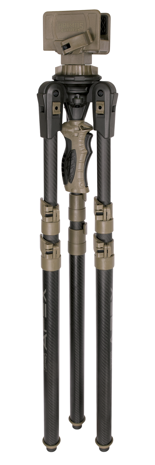 The Primos Trigger Stick Apex Carbon Fiber Tripod features three legs, adjustable clamps, and a textured grip on display.