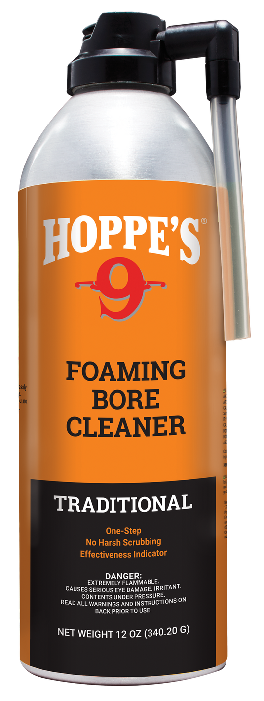 Hoppe's Foaming Bore Cleaner 12 oz can with orange label and black nozzle.